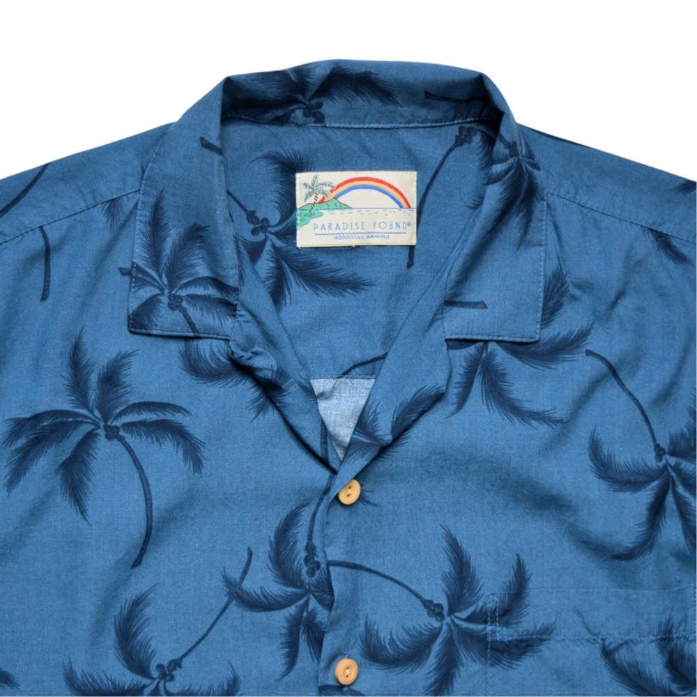 Vintage Paradise Found Hawaiian Shirt Mens XL Blue Rayon Palm Tree Aloha - Spot - Picture 3 of 14